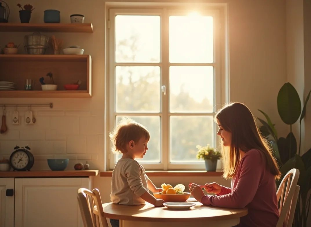 Mother and child in sunny breakfast nook of tall ceiling home watching upper storage