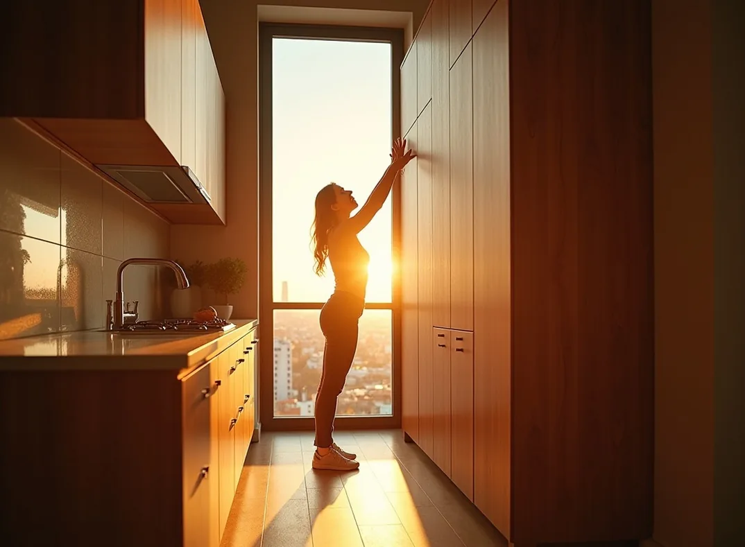 Tall sunlit loft kitchen at golden hour with electric lift module descending