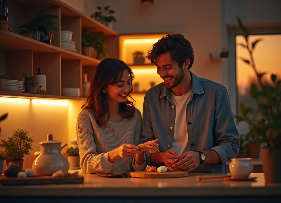 Young couple cooking in double height living kitchen at dusk with wall climbing module