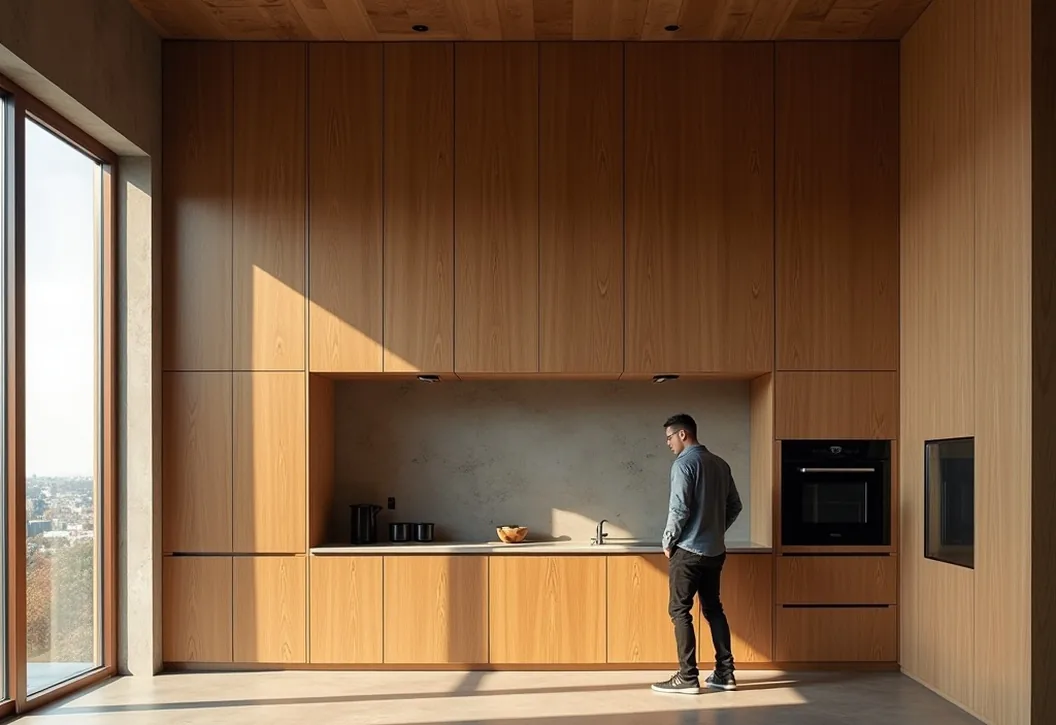 Grand full height oak kitchen wall in luxury penthouse with man sliding panel