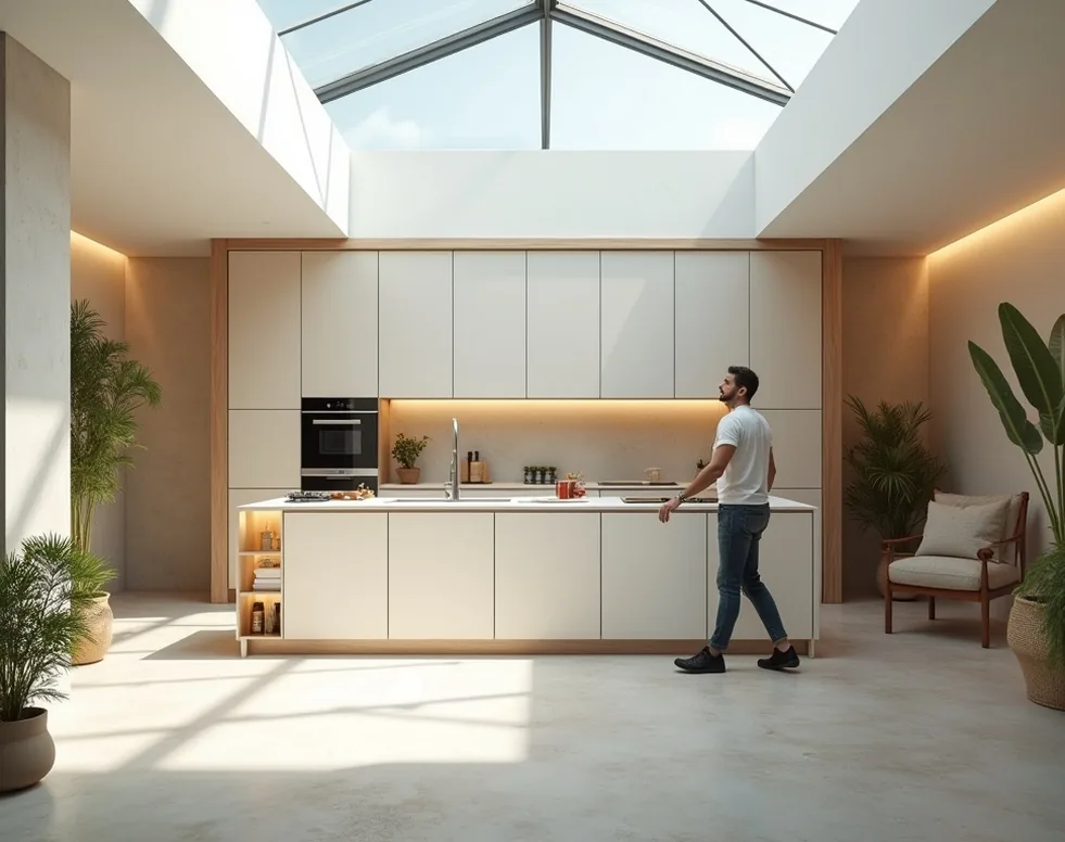 Bright airy showroom with transformer kitchen mid transformation and designer gesturing