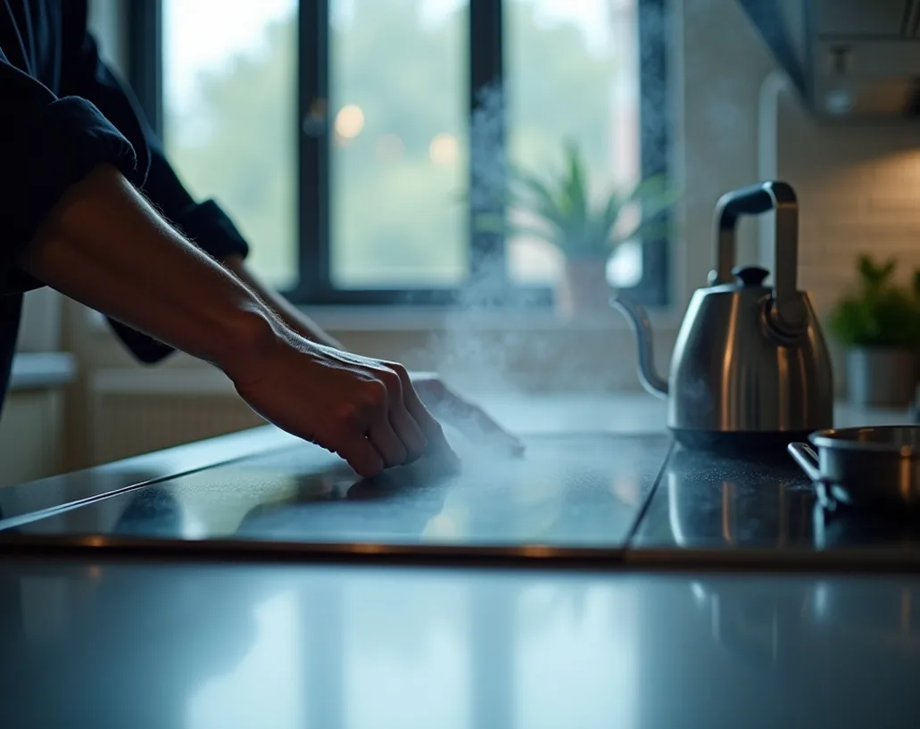 Chef hands unfolding stainless steel work surface in modern high ceiling apartment