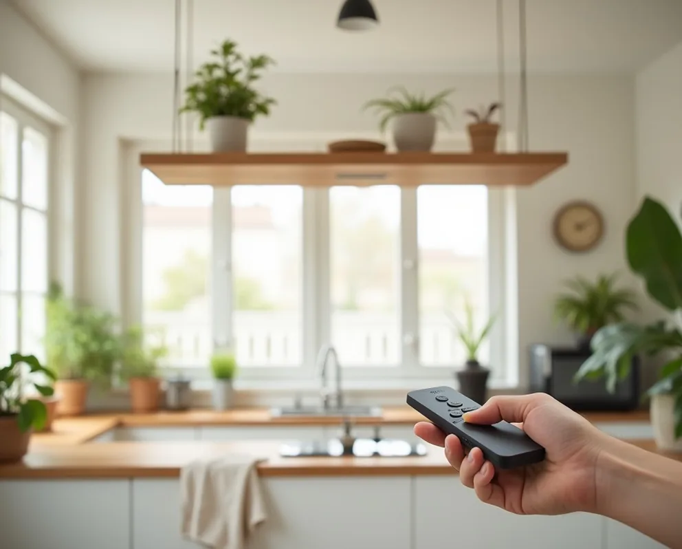 Remote control in hand as ceiling suspended storage box descends in bright space