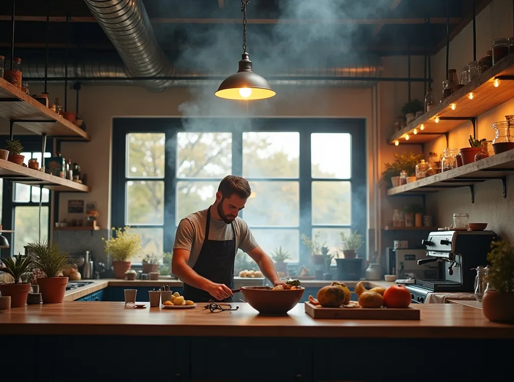 Industrial style high ceiling kitchen with exposed beams and barista pulling tools
