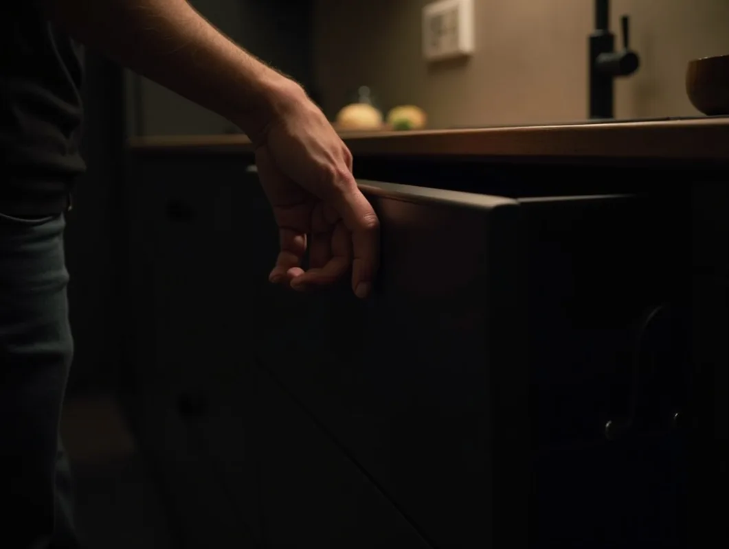 Fingers gliding open matte black drawer in dim professional home kitchen