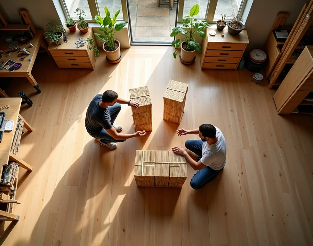 Two friends rearranging bamboo stacking modules on wooden floor of spacious high ceiling room