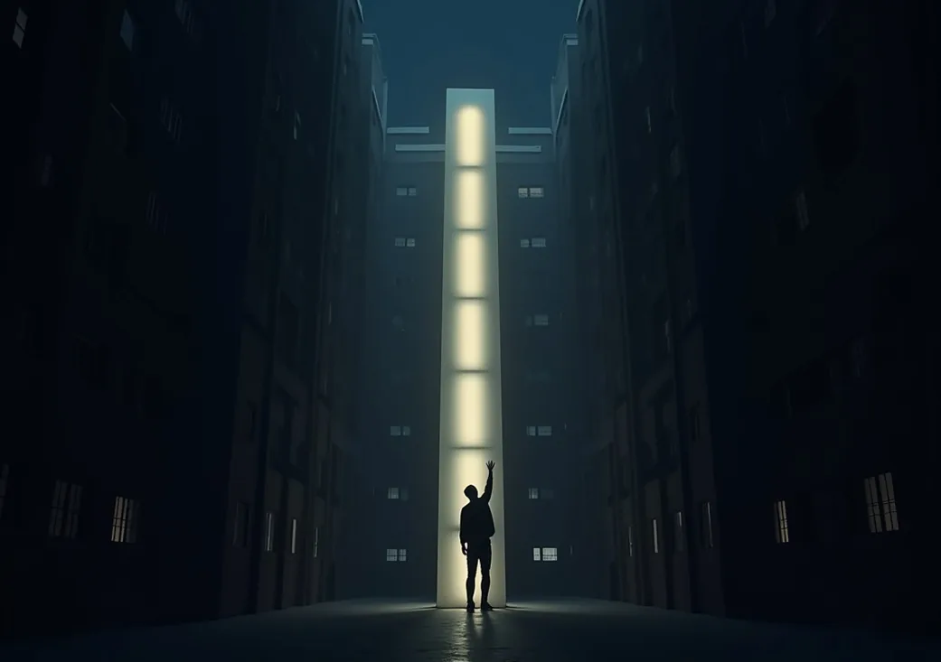Vertical storage tower glowing with internal LED in dark high ceiling apartment at night