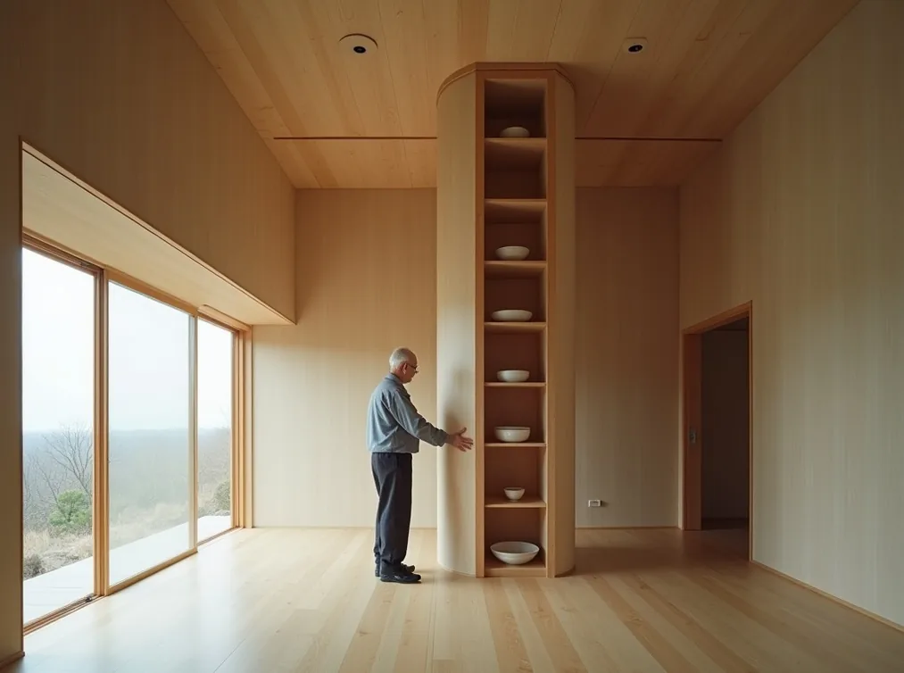 Minimalist Japanese style high ceiling home with vertical storage tower