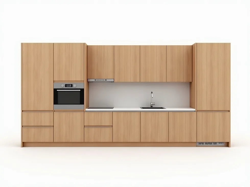 Full height oak veneer kitchen module complete set with integrated appliances