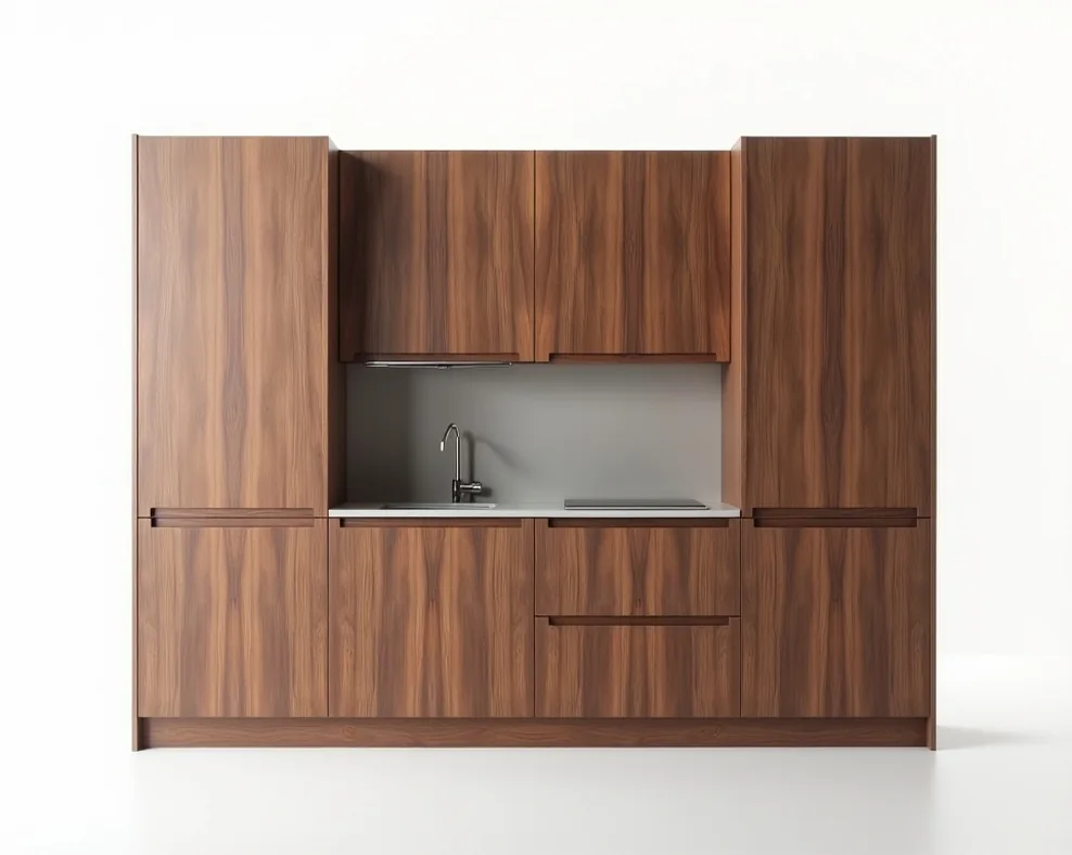 Premium vertical modular kitchen unit in solid walnut with electric lift upper storage