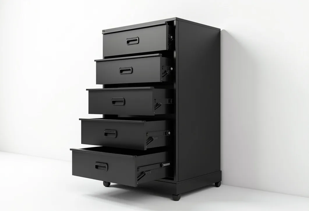 Matte black professional vertical storage unit with all drawers pulled open